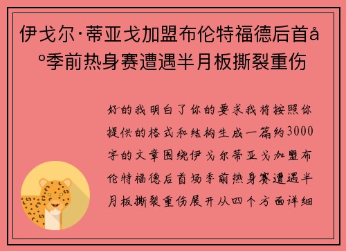 伊戈尔·蒂亚戈加盟布伦特福德后首场季前热身赛遭遇半月板撕裂重伤